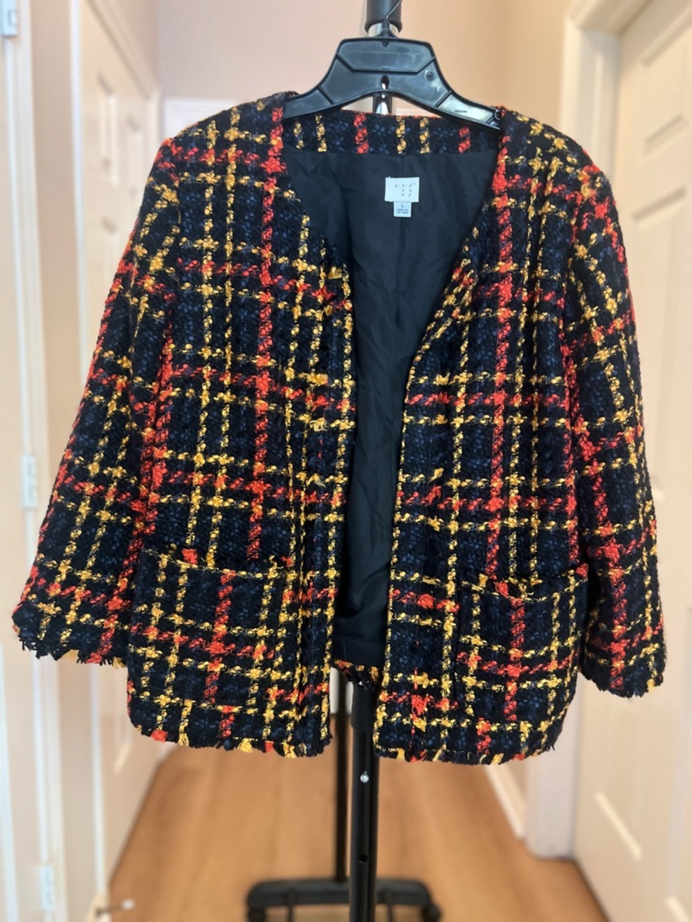 Black Tweed Jacket with Red & Gold Plaid